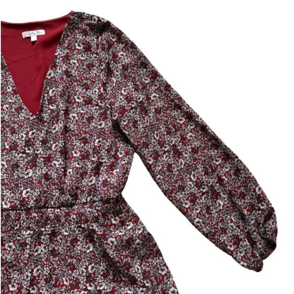 Nine Britton Dress Annika Red Burgundy Floral V-Neck Long Sleeve Tiered Large - Picture 10 of 13